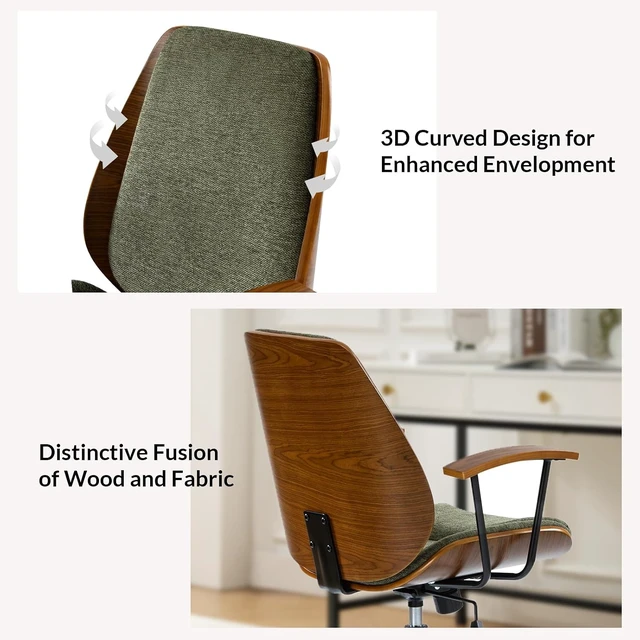 Alt view image 4 of 7 - Modern Ergonomic Office Chair with Wood Frame & Metal Base Swivel Upholstered Computer Chair with Adjustable Height for Home Office, Green