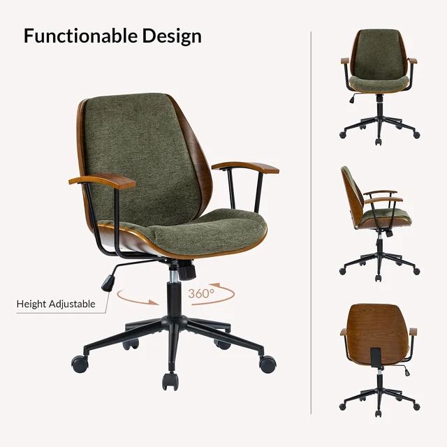 Alt view image 6 of 7 - Modern Ergonomic Office Chair with Wood Frame & Metal Base Swivel Upholstered Computer Chair with Adjustable Height for Home Office, Green
