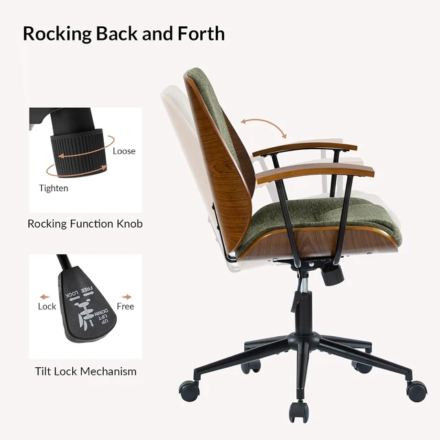 Alt view image 7 of 7 - Modern Ergonomic Office Chair with Wood Frame & Metal Base Swivel Upholstered Computer Chair with Adjustable Height for Home Office, Green