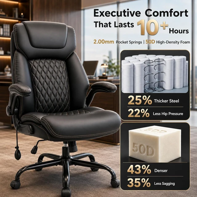 Alt view image 3 of 7 - 500 Lbs Big & Tall Executive Office Desk Chair with Air Lumbar, Black
