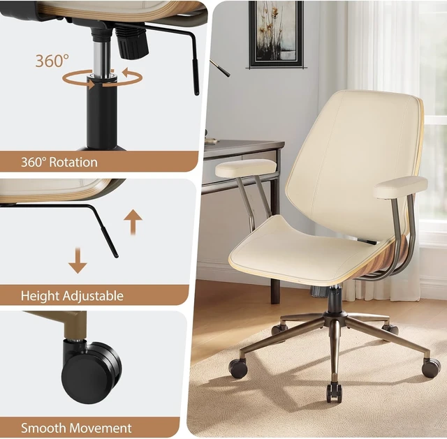 Alt view image 4 of 7 - Modern Beige Mid Back Office Chair Adjustable Swivel Desk Chair with Arms