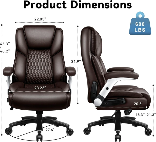 Alt view image 3 of 7 - 600 Lbs Big & Tall Office Chair Ergonomic High Back XL Executive Desk Chair with Adjustable Lumbar & Flip-Up Armrests, PU Leather, Brown
