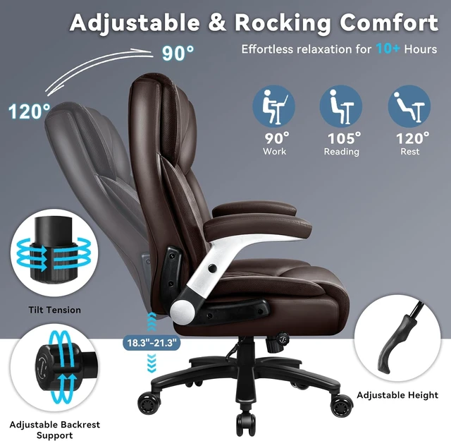 Alt view image 6 of 7 - 600 Lbs Big & Tall Office Chair Ergonomic High Back XL Executive Desk Chair with Adjustable Lumbar & Flip-Up Armrests, PU Leather, Brown