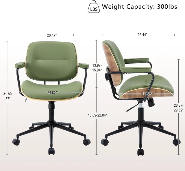 Alt view image 2 of 7 - Green Mid Century Modern Office Chair with Armrest & Adjustable Backrest