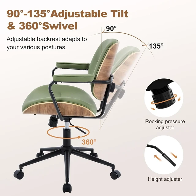 Alt view image 4 of 7 - Green Mid Century Modern Office Chair with Armrest & Adjustable Backrest