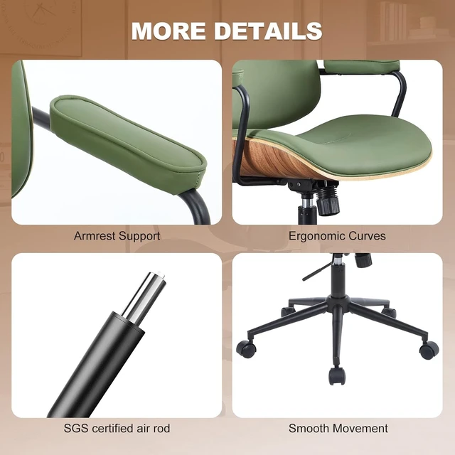 Alt view image 5 of 7 - Green Mid Century Modern Office Chair with Armrest & Adjustable Backrest