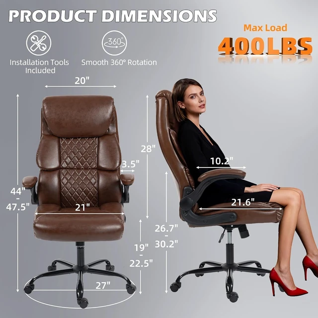Alt view image 2 of 7 - Ergonomic High Back Computer Desk Chair with Rocking Function & Lumbar Support Wide Executive Leather Swivel Rolling Chair with Flip-Up Armrests for Home Gaming
