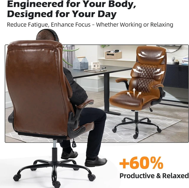 Alt view image 3 of 7 - Ergonomic High Back Computer Desk Chair with Rocking Function & Lumbar Support Wide Executive Leather Swivel Rolling Chair with Flip-Up Armrests for Home Gaming