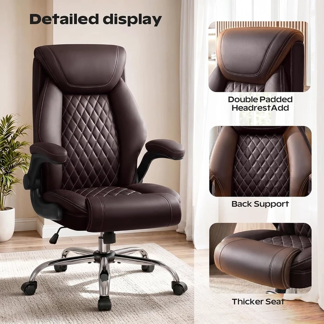 Alt view image 3 of 7 - Big & Tall Ergonomic High Back Office Chair Breathable Leather Desk Chair with Lumbar Support, Flip-Up Armrests & Rocking Function