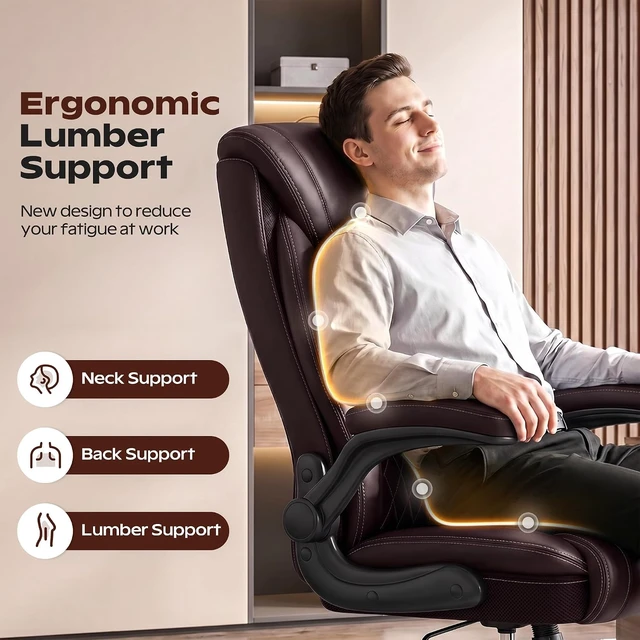 Alt view image 4 of 7 - Big & Tall Ergonomic High Back Office Chair Breathable Leather Desk Chair with Lumbar Support, Flip-Up Armrests & Rocking Function