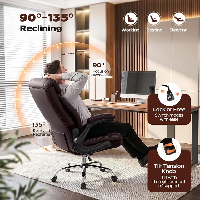 Alt view image 5 of 7 - Big & Tall Ergonomic High Back Office Chair Breathable Leather Desk Chair with Lumbar Support, Flip-Up Armrests & Rocking Function
