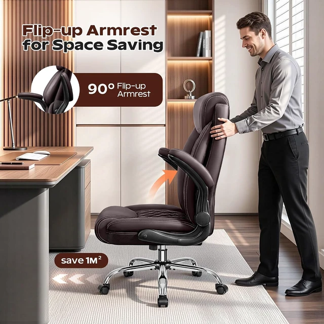 Alt view image 7 of 7 - Big & Tall Ergonomic High Back Office Chair Breathable Leather Desk Chair with Lumbar Support, Flip-Up Armrests & Rocking Function