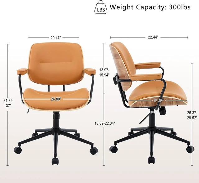 Alt view image 2 of 7 - Brown Mid Century Modern Office Chair with Armrest & Adjustable Backrest