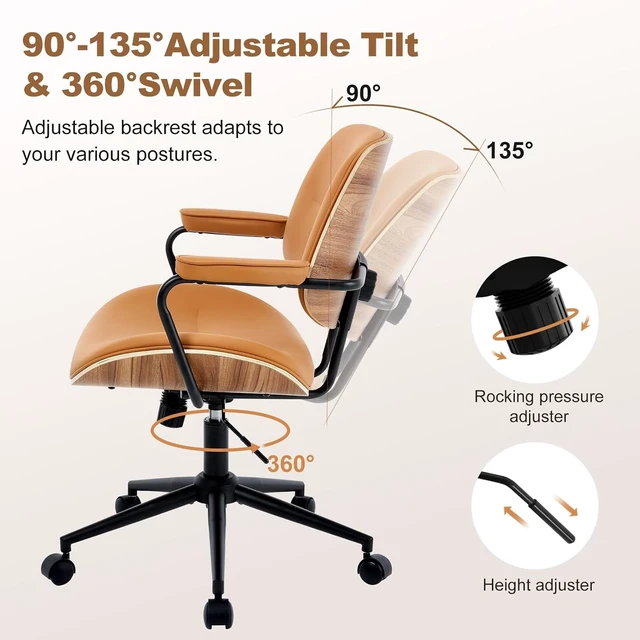Alt view image 4 of 7 - Brown Mid Century Modern Office Chair with Armrest & Adjustable Backrest