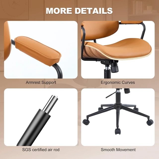 Alt view image 5 of 7 - Brown Mid Century Modern Office Chair with Armrest & Adjustable Backrest