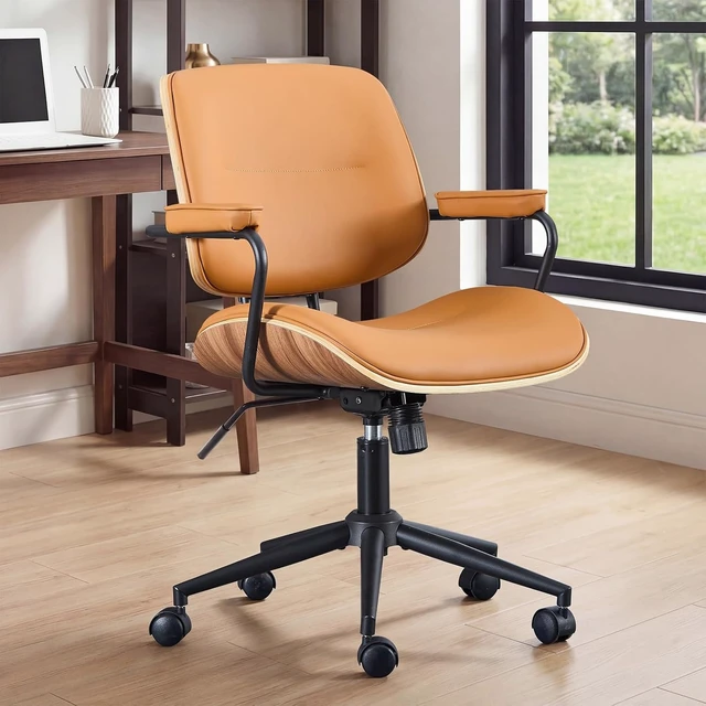 Alt view image 6 of 7 - Brown Mid Century Modern Office Chair with Armrest & Adjustable Backrest