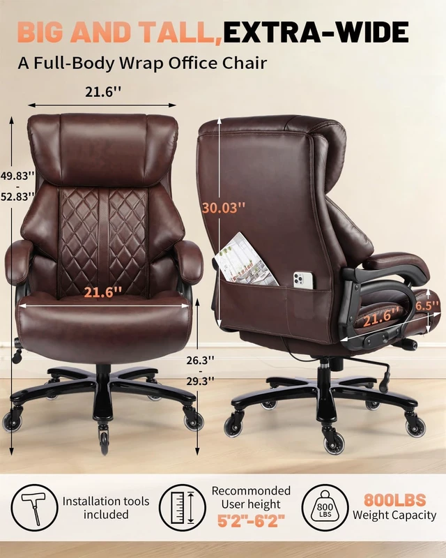 Alt view image 2 of 7 - 800 Lbs Heavy Duty Executive Office Chair Adjustable Lumbar Support, Extra Wide Seat & Quiet Rubber Wheels for Heavy People