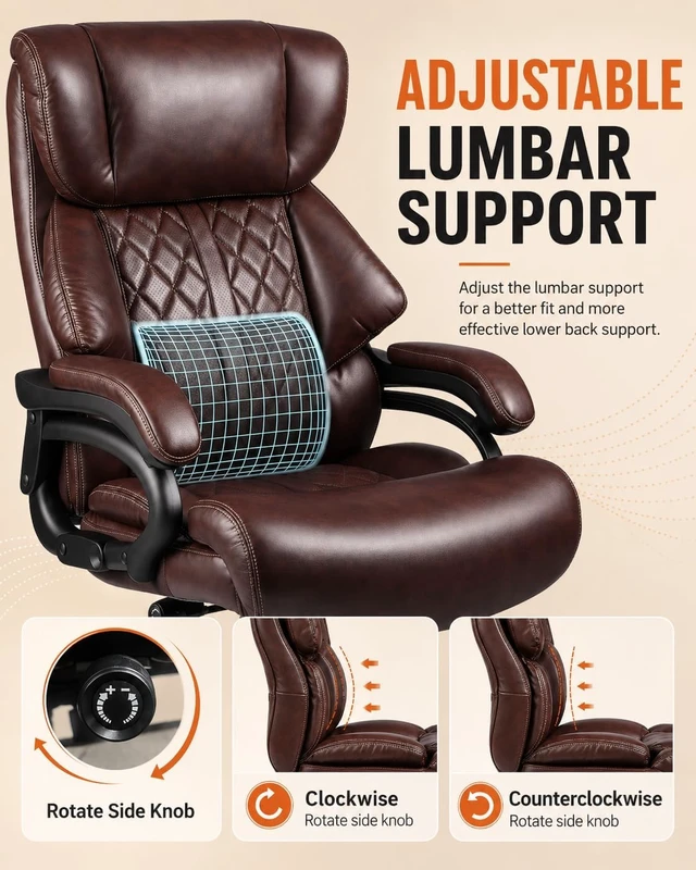 Alt view image 5 of 7 - 800 Lbs Heavy Duty Executive Office Chair Adjustable Lumbar Support, Extra Wide Seat & Quiet Rubber Wheels for Heavy People
