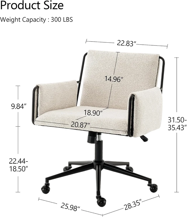 Alt view image 2 of 7 - 300 Lbs Capacity Modern Office Chair Beige Boucle Fabric, Adjustable Height with Wheels & Armrest, for Home Office, Bedroom & Makeup Room