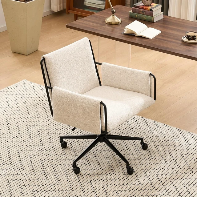 Alt view image 3 of 7 - 300 Lbs Capacity Modern Office Chair Beige Boucle Fabric, Adjustable Height with Wheels & Armrest, for Home Office, Bedroom & Makeup Room