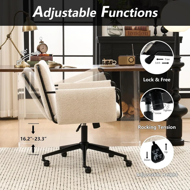 Alt view image 4 of 7 - 300 Lbs Capacity Modern Office Chair Beige Boucle Fabric, Adjustable Height with Wheels & Armrest, for Home Office, Bedroom & Makeup Room