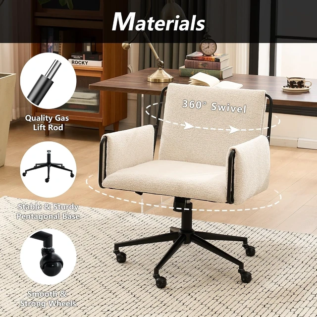 Alt view image 5 of 7 - 300 Lbs Capacity Modern Office Chair Beige Boucle Fabric, Adjustable Height with Wheels & Armrest, for Home Office, Bedroom & Makeup Room