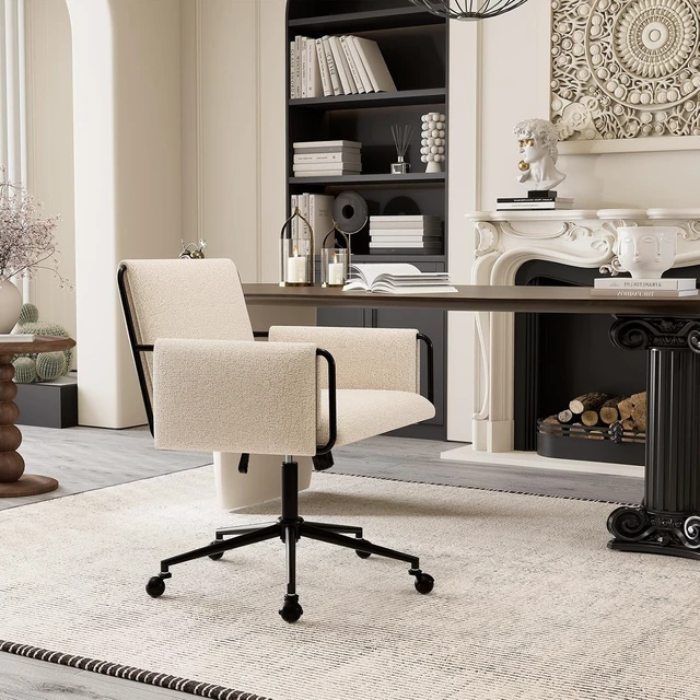 Alt view image 7 of 7 - 300 Lbs Capacity Modern Office Chair Beige Boucle Fabric, Adjustable Height with Wheels & Armrest, for Home Office, Bedroom & Makeup Room