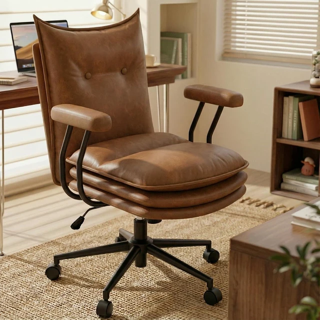 Main image of Brown Leather Home Office Chair with Triple-Layer Seat Desk Chair