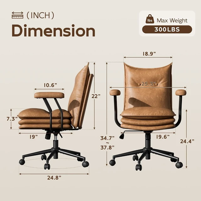 Alt view image 2 of 7 - Brown Leather Home Office Chair with Triple-Layer Seat Desk Chair
