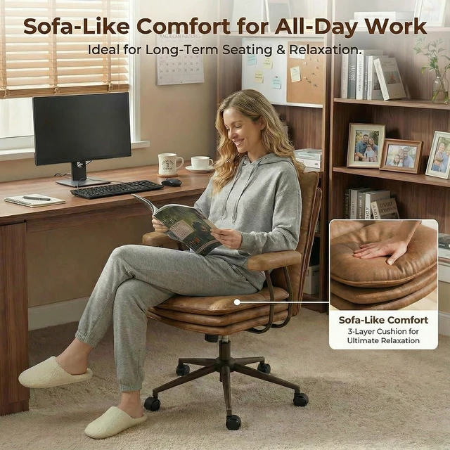 Alt view image 3 of 7 - Brown Leather Home Office Chair with Triple-Layer Seat Desk Chair