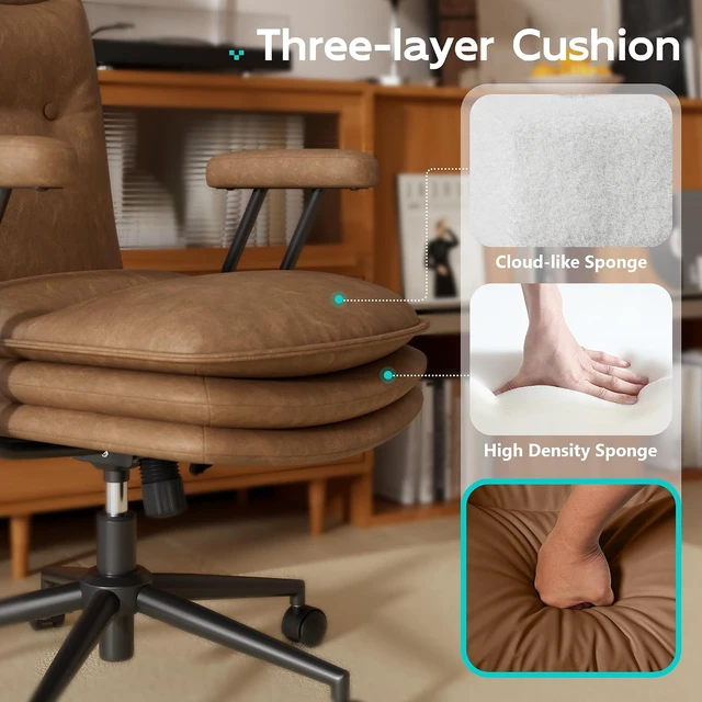 Alt view image 6 of 7 - Brown Leather Home Office Chair with Triple-Layer Seat Desk Chair