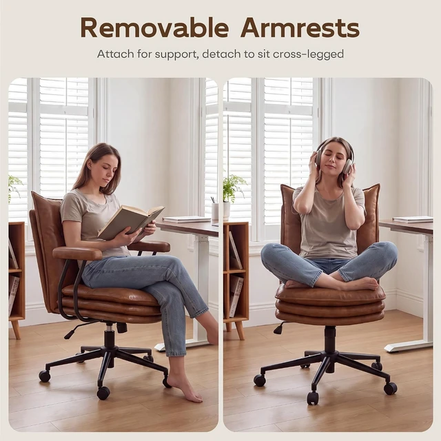 Alt view image 5 of 7 - Brown Leather Home Office Chair with Triple-Layer Seat Desk Chair