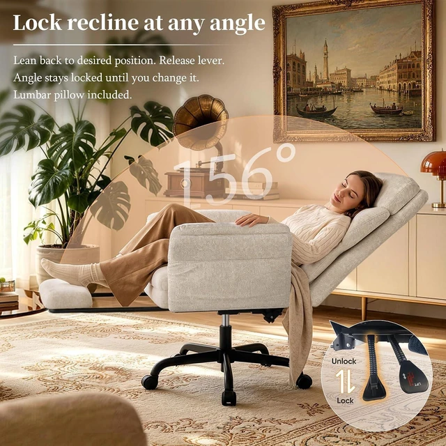 Alt view image 6 of 7 - C57 Ergonomic Reclining Office Chair with Footrest Velvet High Back Lounge Gaming Chair with 6-Stage Adjustable Wing Armrests for Cross-Legged Sitting, Home Office