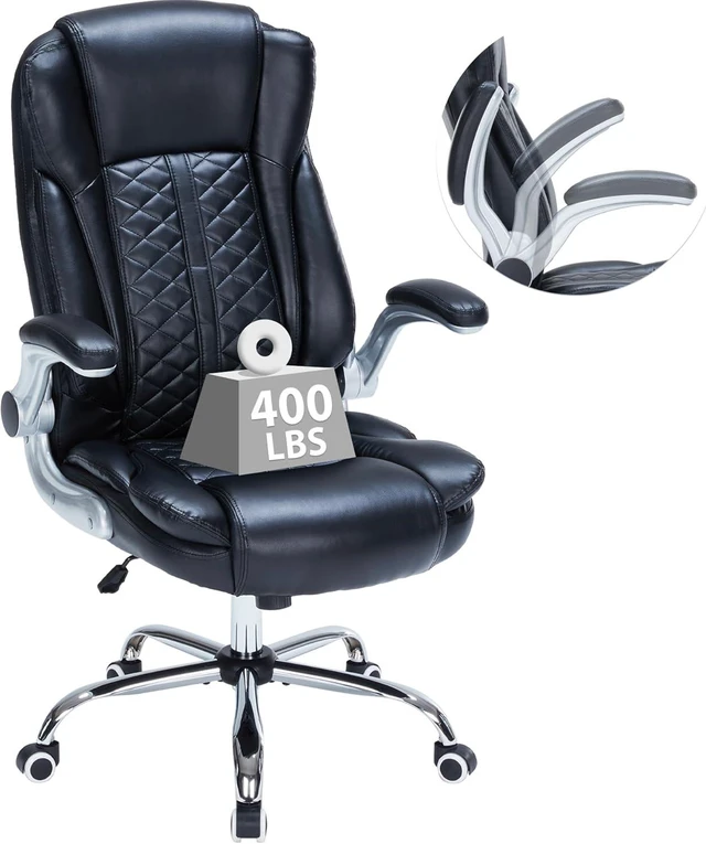 Main image of 400 Lbs Heavy Duty Executive Office Chair with Flip-Up Armrests Big & Tall Breathable PU Leather Ergonomic Computer Chair (Black)