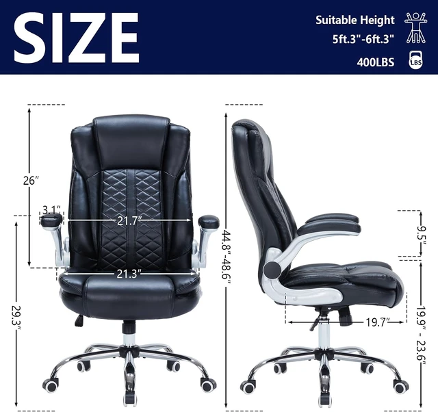 Alt view image 2 of 6 - 400 Lbs Heavy Duty Executive Office Chair with Flip-Up Armrests Big & Tall Breathable PU Leather Ergonomic Computer Chair (Black)