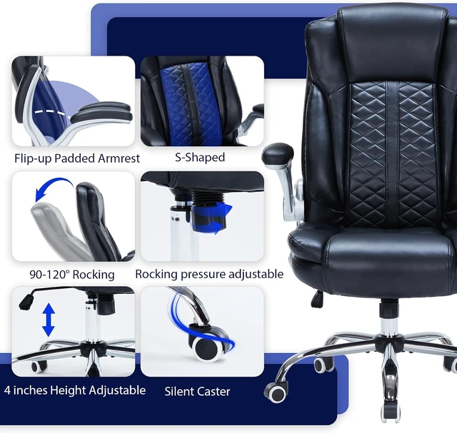 Alt view image 6 of 6 - 400 Lbs Heavy Duty Executive Office Chair with Flip-Up Armrests Big & Tall Breathable PU Leather Ergonomic Computer Chair (Black)