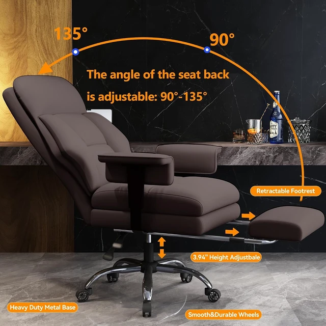Alt view image 6 of 7 - High Back Leather Executive Office Chair with Leg Rest & Wheels Ergonomic Desk Chair with Lumbar Support for Home Office