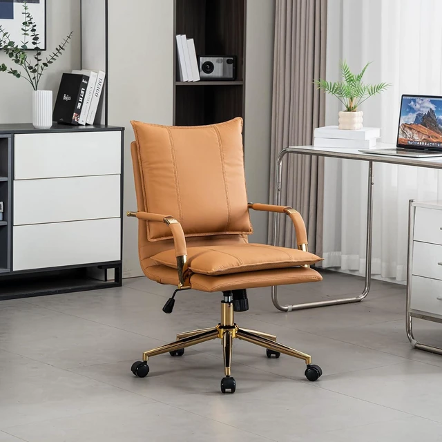 Main image of Mid-Back Leather Swivel Office Chair with Armrest Modern Upholstered Ergonomic Task Chair with Wheels, Camel