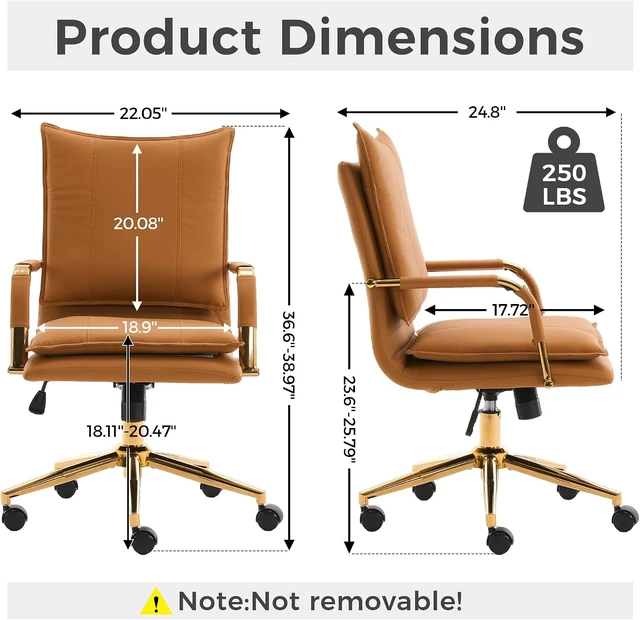 Alt view image 2 of 7 - Mid-Back Leather Swivel Office Chair with Armrest Modern Upholstered Ergonomic Task Chair with Wheels, Camel