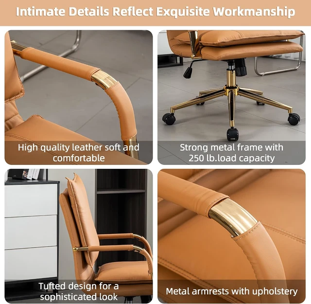 Alt view image 3 of 7 - Mid-Back Leather Swivel Office Chair with Armrest Modern Upholstered Ergonomic Task Chair with Wheels, Camel