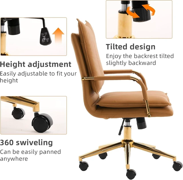 Alt view image 4 of 7 - Mid-Back Leather Swivel Office Chair with Armrest Modern Upholstered Ergonomic Task Chair with Wheels, Camel