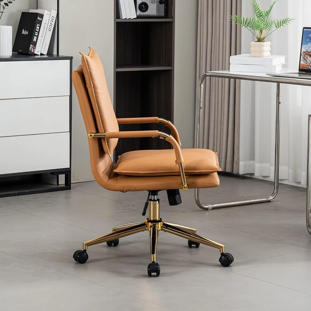 Alt view image 6 of 7 - Mid-Back Leather Swivel Office Chair with Armrest Modern Upholstered Ergonomic Task Chair with Wheels, Camel