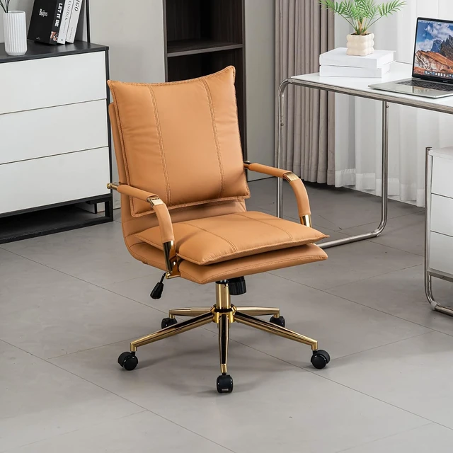 Alt view image 7 of 7 - Mid-Back Leather Swivel Office Chair with Armrest Modern Upholstered Ergonomic Task Chair with Wheels, Camel
