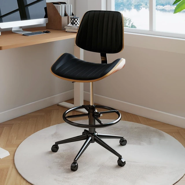 Main image of Ergonomic Drafting Chair with Walnut Wood Back Support Armless Height-Adjustable PU Leather Desk Chair with Thick Cushion for Home Office & Art Studio (Black)