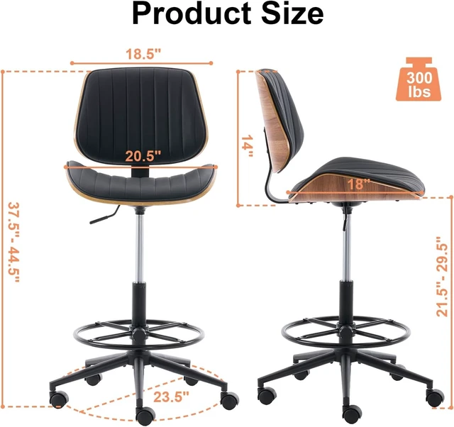 Alt view image 2 of 7 - Ergonomic Drafting Chair with Walnut Wood Back Support Armless Height-Adjustable PU Leather Desk Chair with Thick Cushion for Home Office & Art Studio (Black)