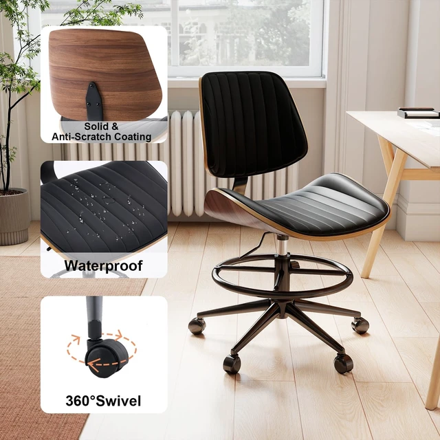 Alt view image 3 of 7 - Ergonomic Drafting Chair with Walnut Wood Back Support Armless Height-Adjustable PU Leather Desk Chair with Thick Cushion for Home Office & Art Studio (Black)