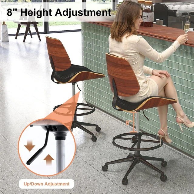 Alt view image 4 of 7 - Ergonomic Drafting Chair with Walnut Wood Back Support Armless Height-Adjustable PU Leather Desk Chair with Thick Cushion for Home Office & Art Studio (Black)