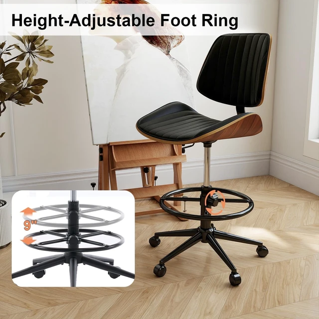 Alt view image 5 of 7 - Ergonomic Drafting Chair with Walnut Wood Back Support Armless Height-Adjustable PU Leather Desk Chair with Thick Cushion for Home Office & Art Studio (Black)