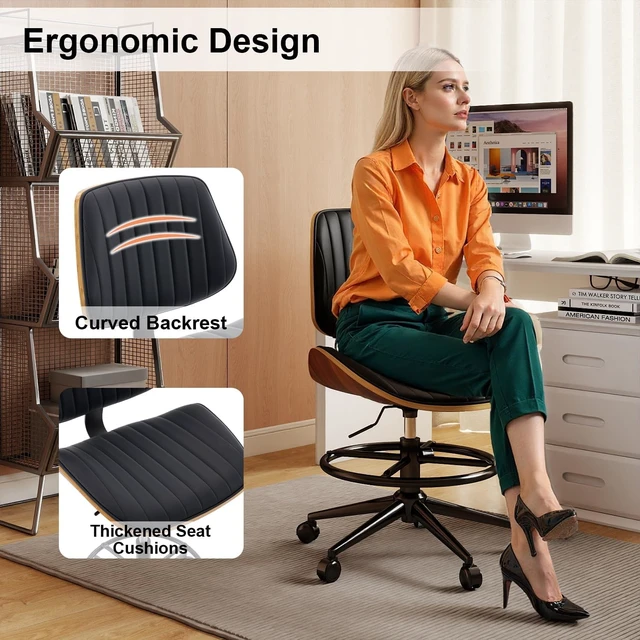 Alt view image 6 of 7 - Ergonomic Drafting Chair with Walnut Wood Back Support Armless Height-Adjustable PU Leather Desk Chair with Thick Cushion for Home Office & Art Studio (Black)
