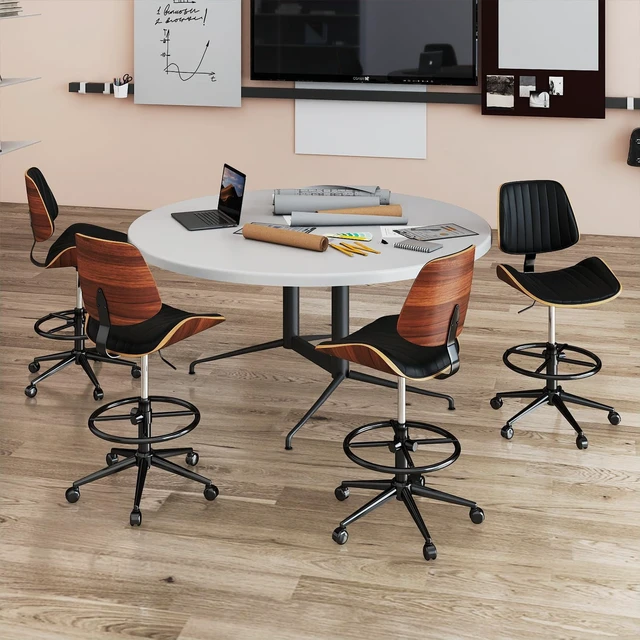 Alt view image 7 of 7 - Ergonomic Drafting Chair with Walnut Wood Back Support Armless Height-Adjustable PU Leather Desk Chair with Thick Cushion for Home Office & Art Studio (Black)